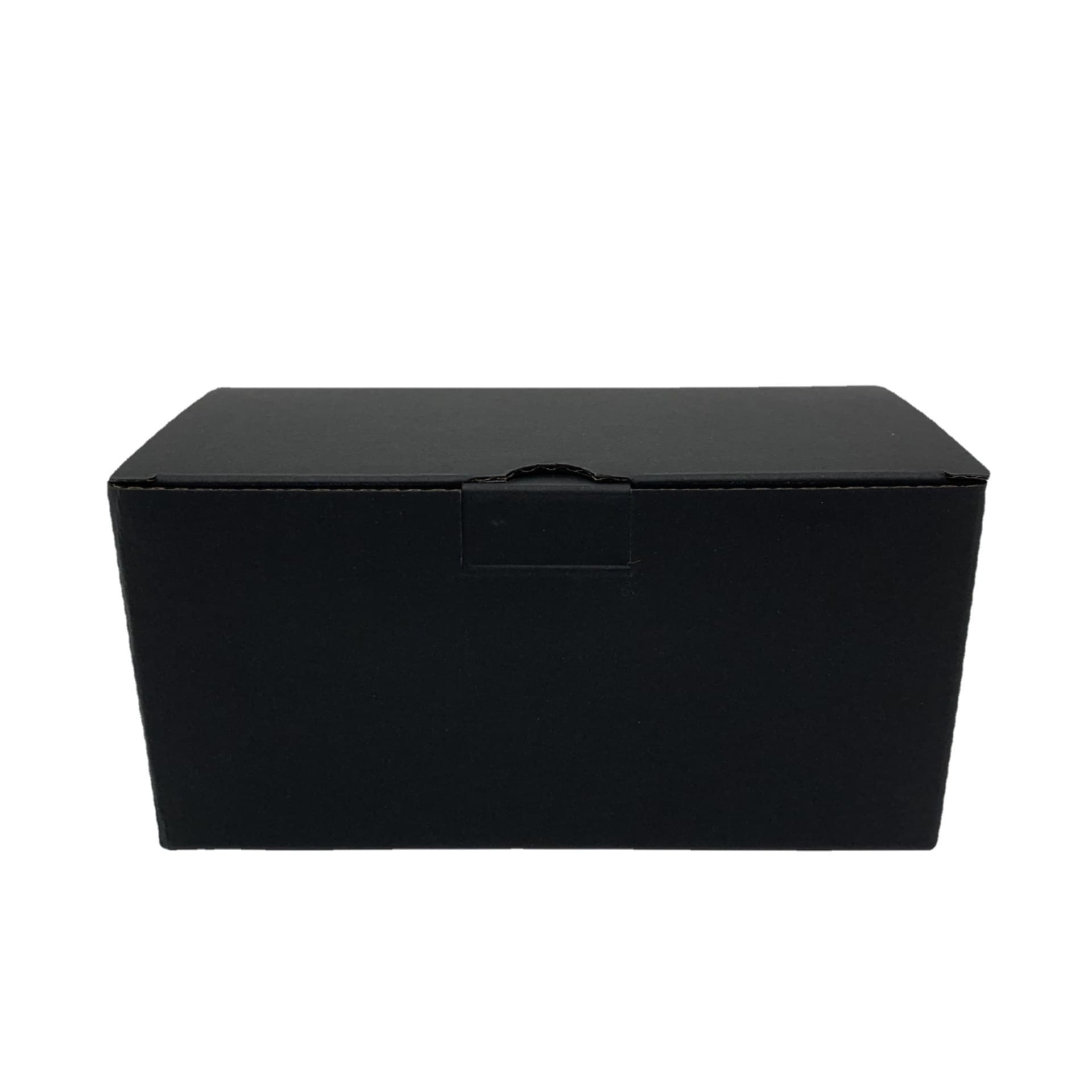 Square bottom-lock black cardstock box with black foil stamping, neutral small black box, corrugated paper laminated with black card, folding carton