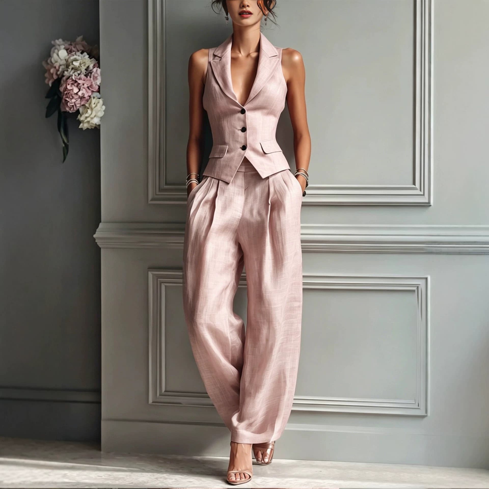 New cross-border Europe/US sleeveless solid color no-print blazer lapel vest for daily versatile commute wear.