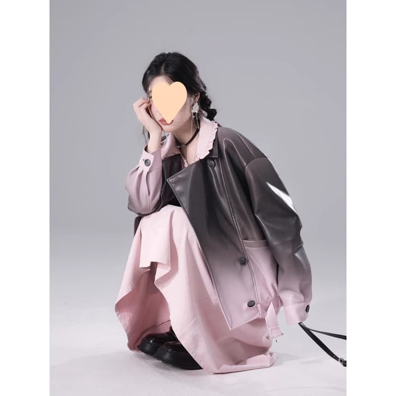 Paris Ink-Dyed Heavyweight Deconstructed Leather Jacket for Women Gradient Design Vintage Cool Motorcycle Jacket Autumn