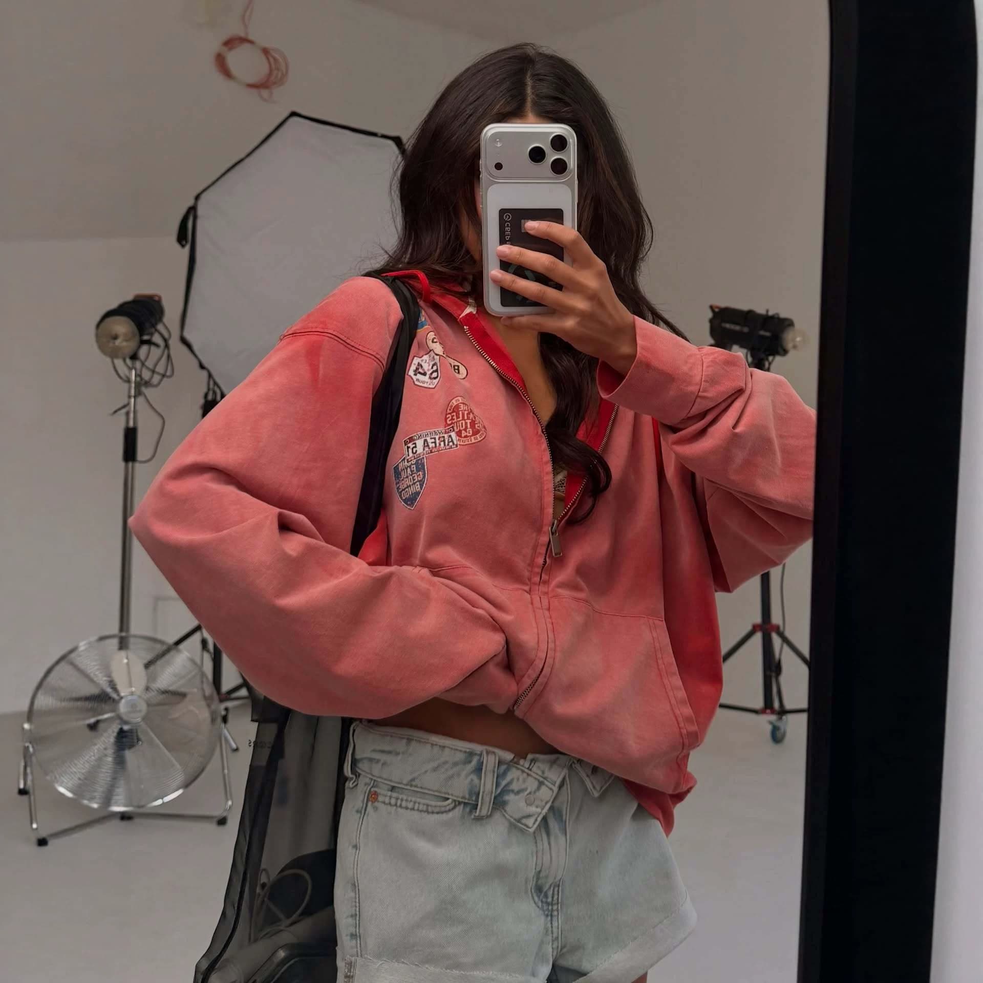 Cross-border foreign trade distressed American style washed hooded sweatshirt for women long-sleeved loose casual street style zipper sweatshirt for women