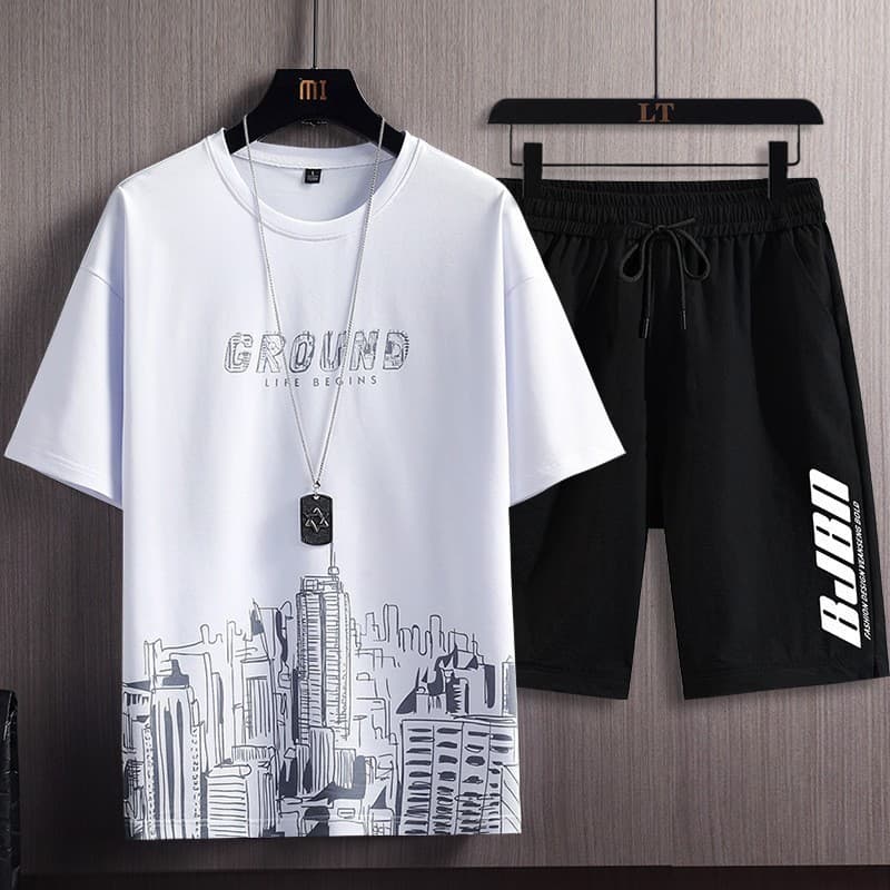 Shishao clothing short-sleeved suit men's summer Korean style new fashion trend printed shorts teenagers two-piece set