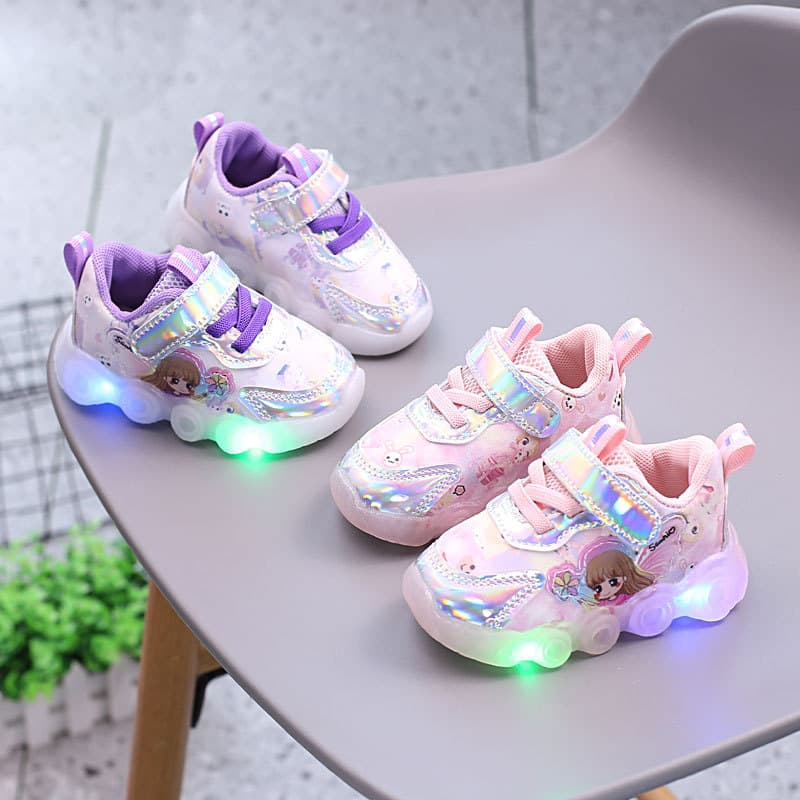 Light-up Baby Girl Sneakers Spring Autumn Non-slip Soft Sole Infant Walking Shoes Princess 0-1 Year 3 Toddler