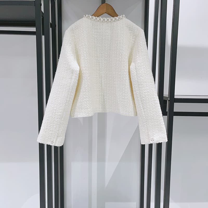 French Single Small Niche 2026 Early Spring Chanel-Style Studded Pearl Tweed Round Neck Jacket Wide-Leg Long Pants Set 26063
