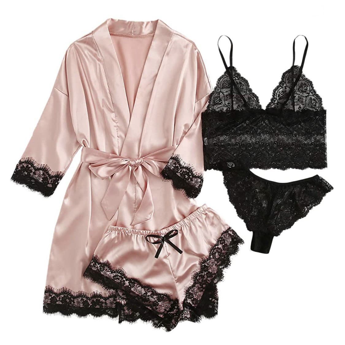 New European and American Women's Pajama 4-Piece Set Lace Camisole Pajamas for Women Summer Set with Robe and Nightgown