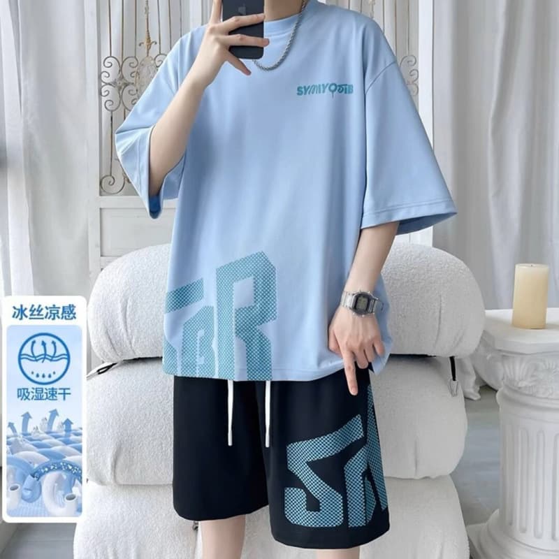 2026 American cool and handsome outfit summer large size short-sleeved shorts teenagers casual sports suit