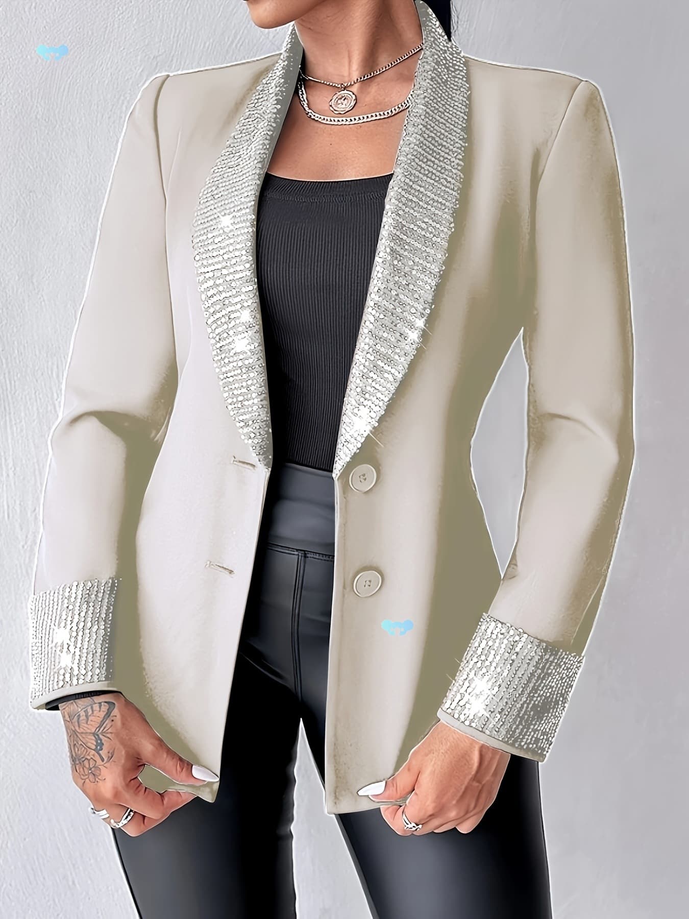 Women's Elegant Sequin Shawl Collar Blazer Jacket, Solid Color