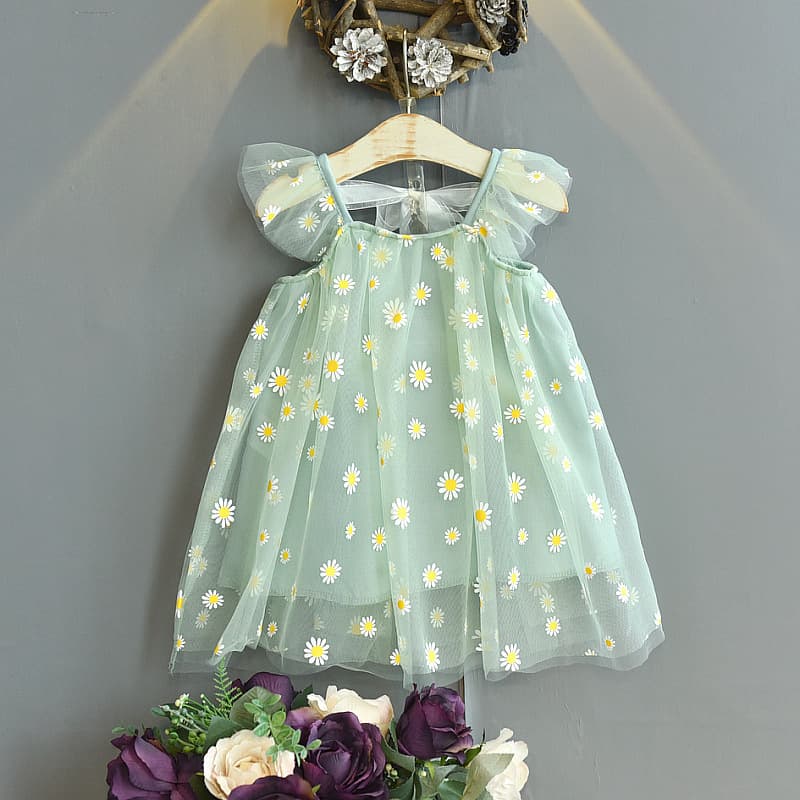 Summer 2023 New Little Daisy Pastoral Korean Style Girl's Princess Dress Foreign Style Mesh Dress Girls Dress