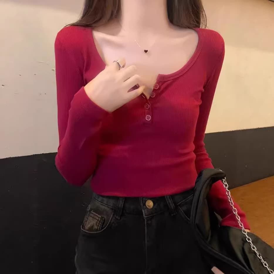 2026 Ins Pure Desire Hot Girl Half Zip Long Sleeve T-Shirt Top Women Spring Autumn Ribbed Slim Fit Button Long Sleeve Top