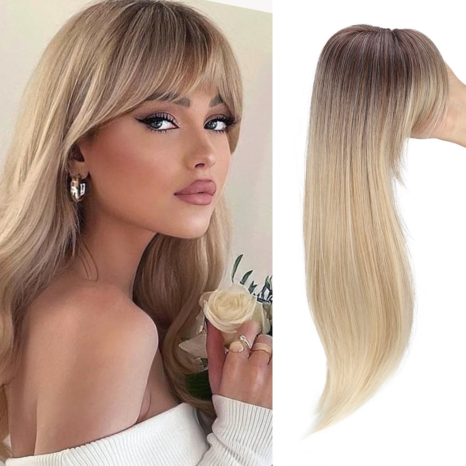 Replacement Hairpiece for the Top of the Head, Synthetic Fiber Hairpiece, Long Curly Hair with Bangs, Real Hair for Women, Seamless Xuchang Wig