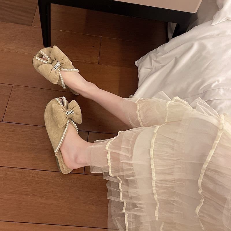 Korean-style bow front-clog slippers for women, 2025 spring/summer new fairy style, low-heel sandals to match dresses