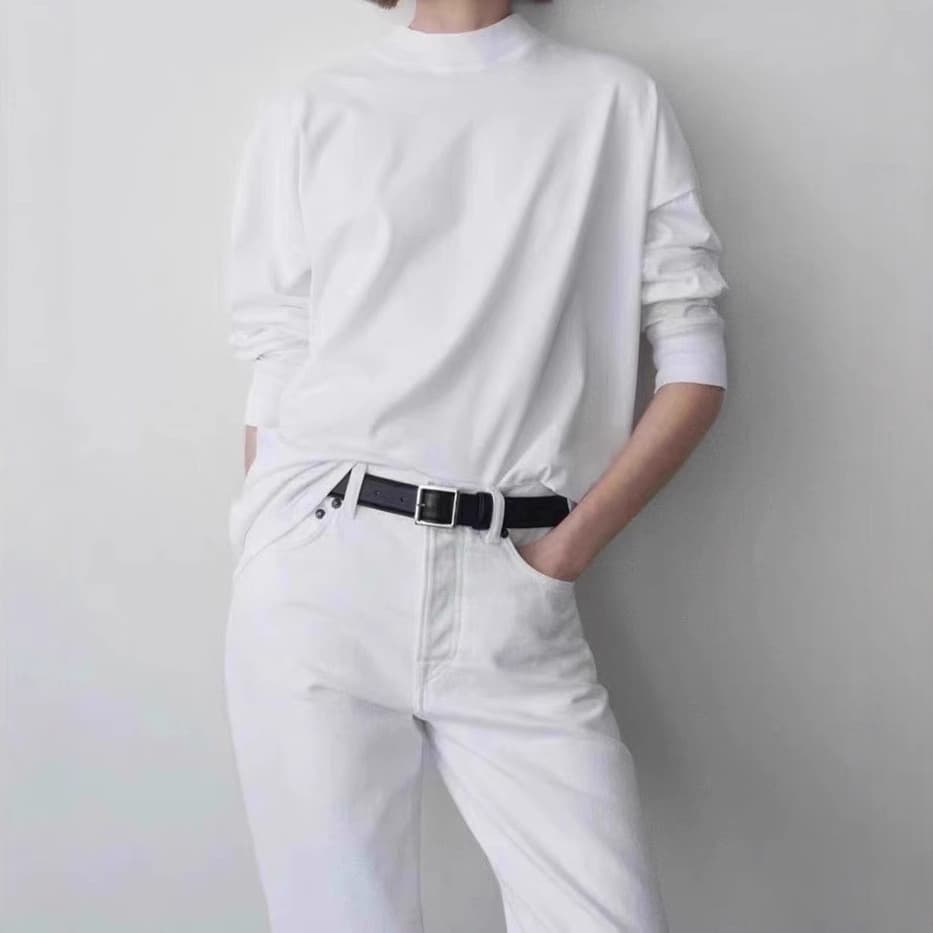 Row style minimalist versatile long-sleeved T-shirt bottoming shirt French back seam imported high-count pima cotton round neck white