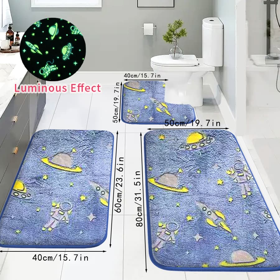 Cross-Border 3Pc Luminous Coral Velvet Embossed Bathroom Absorbent Floor Mat Bathroom Toilet U-Shaped Non-Slip Carpet for Home Use