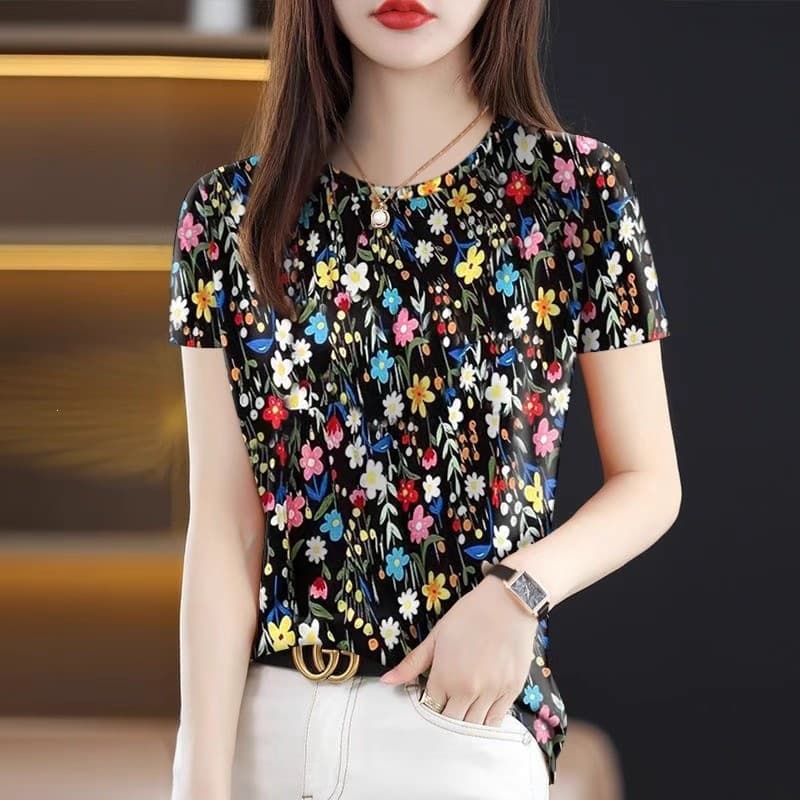Middle-Aged Mom's Round-Neck Short-Sleeved Shirt, Fashionable Summer Thin Style, Stylish Printed T-Shirt, Loose, Age-Reducing, Versatile Top