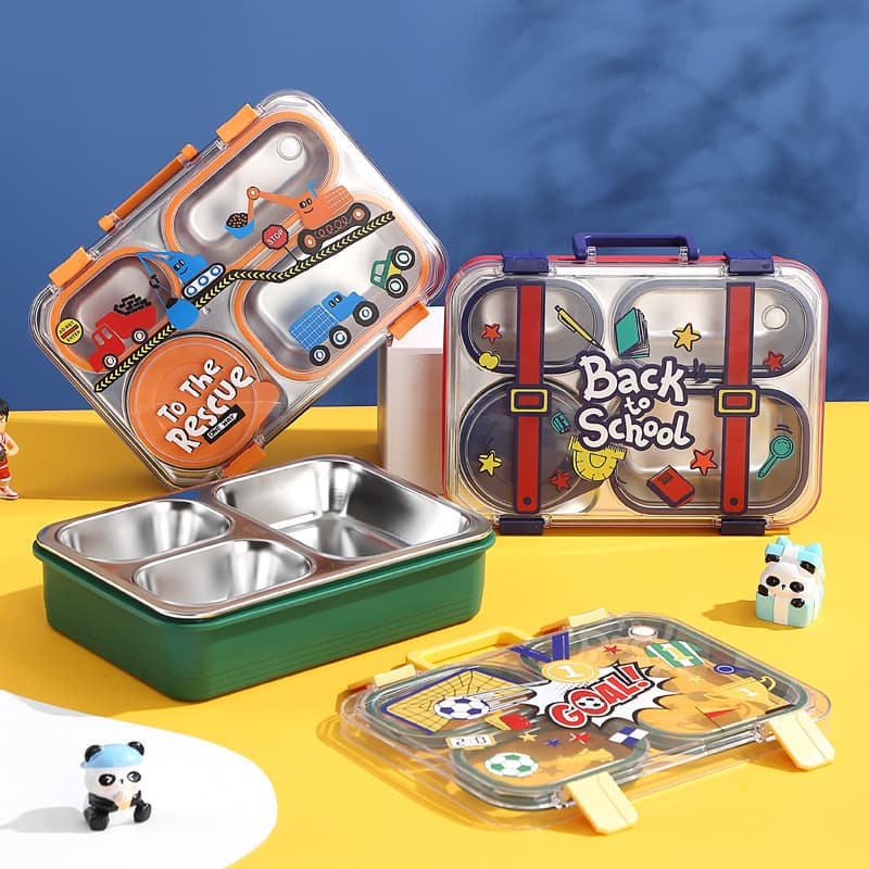 Linxiang 304 Stainless Steel Rectangular Divided Lunch Box, Cartoon Soup Bowl, Portable Bento Box for Takeout, Compartment Design Prevents Flavor Mixing