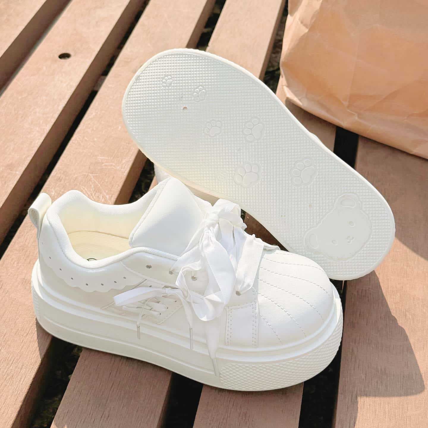 Platform White Sneakers for Women 2026 New Short Height Increase Casual Shoes Creamy Bread Shoes for Dresses