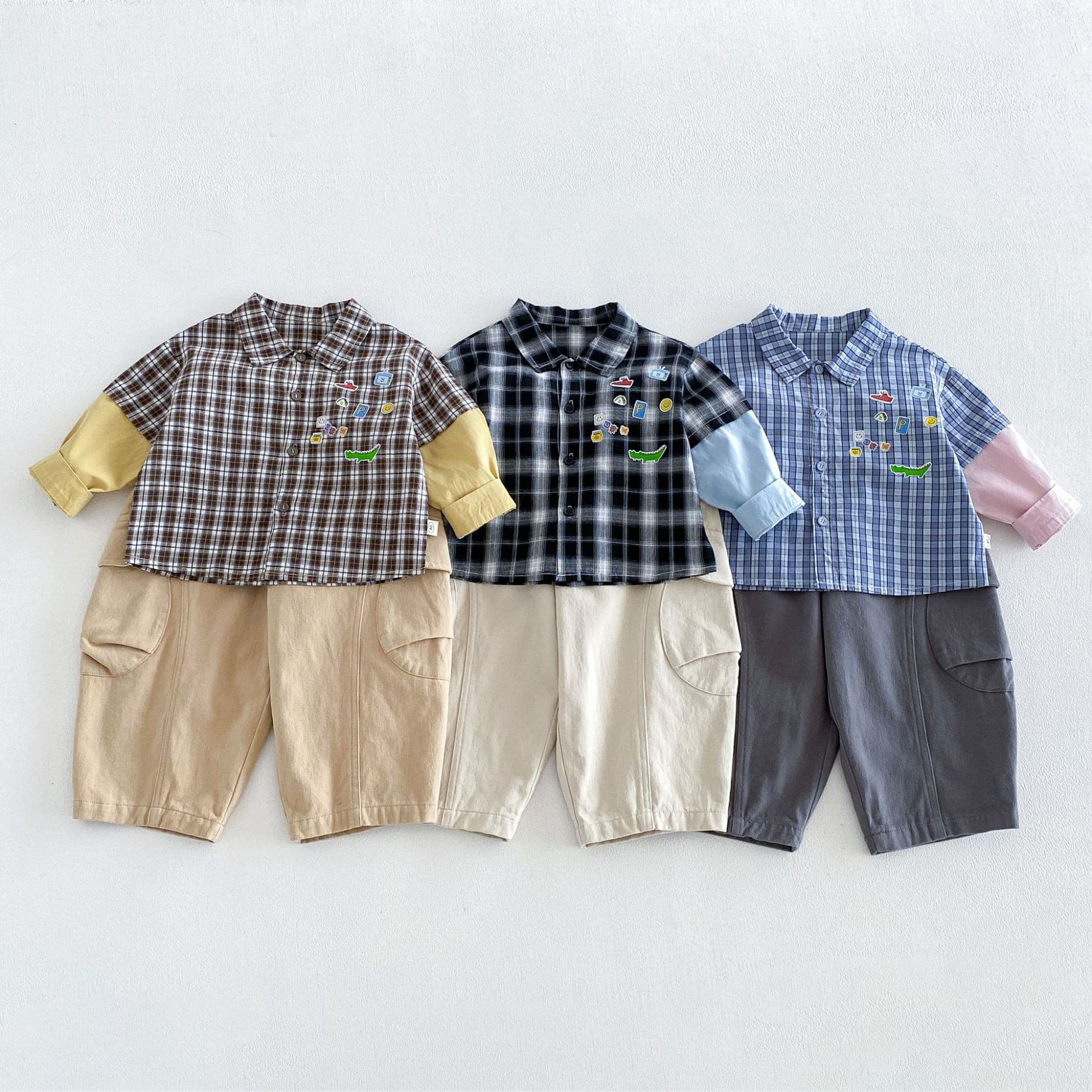 Boys patchwork cartoon shirt 2026 new autumn children's printed plaid shirt baby autumn clothing zqy6173