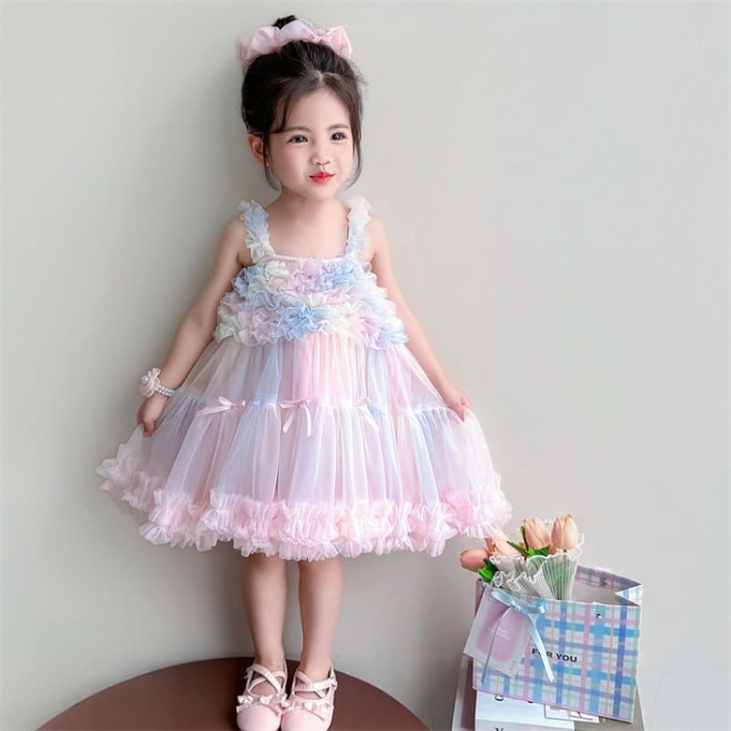 Girls' Summer Dress 2026 New Fashionable Children's Gradient Mesh Strap Dress Baby Princess Dress