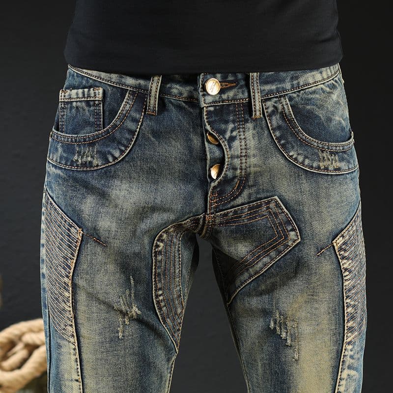 2026 Spring/Autumn New Japanese Retro Vintage Motorcycle Jeans for Men, Patchwork Slim Straight Long Pants