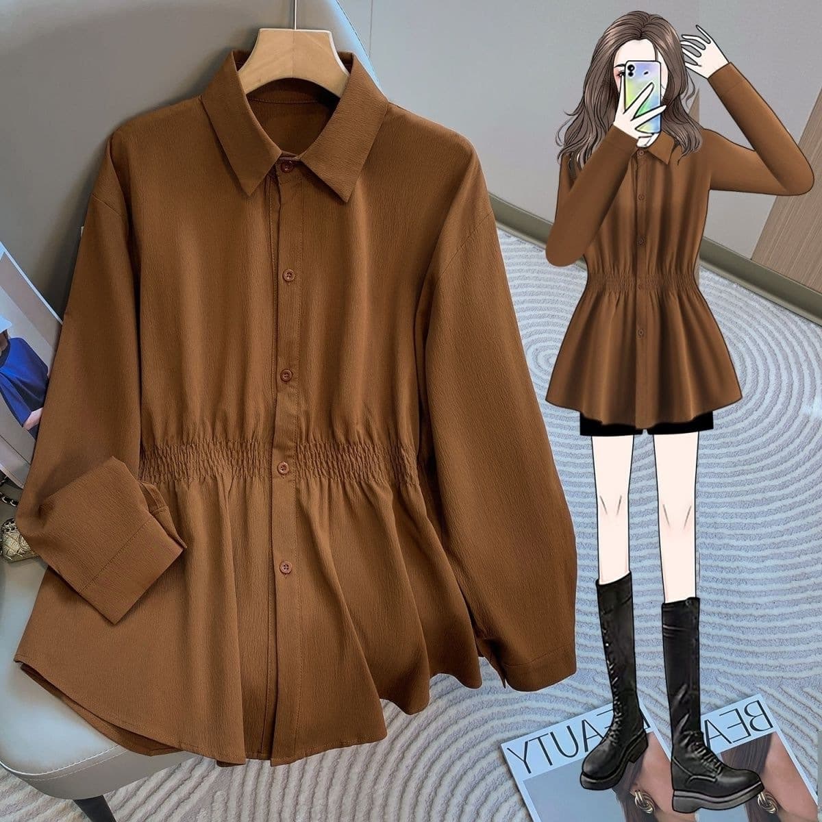 Plus Size Women's Autumn Fashion Gentle Style Waist-Loosening Slimming Concealing Layered Solid Long-Sleeve Shirt Top