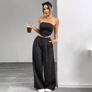 2026 Cross-border EU/US SHEIN Women's Fashion Striped Strapless Top and Loose Fitting Slimming Suit Pants Set