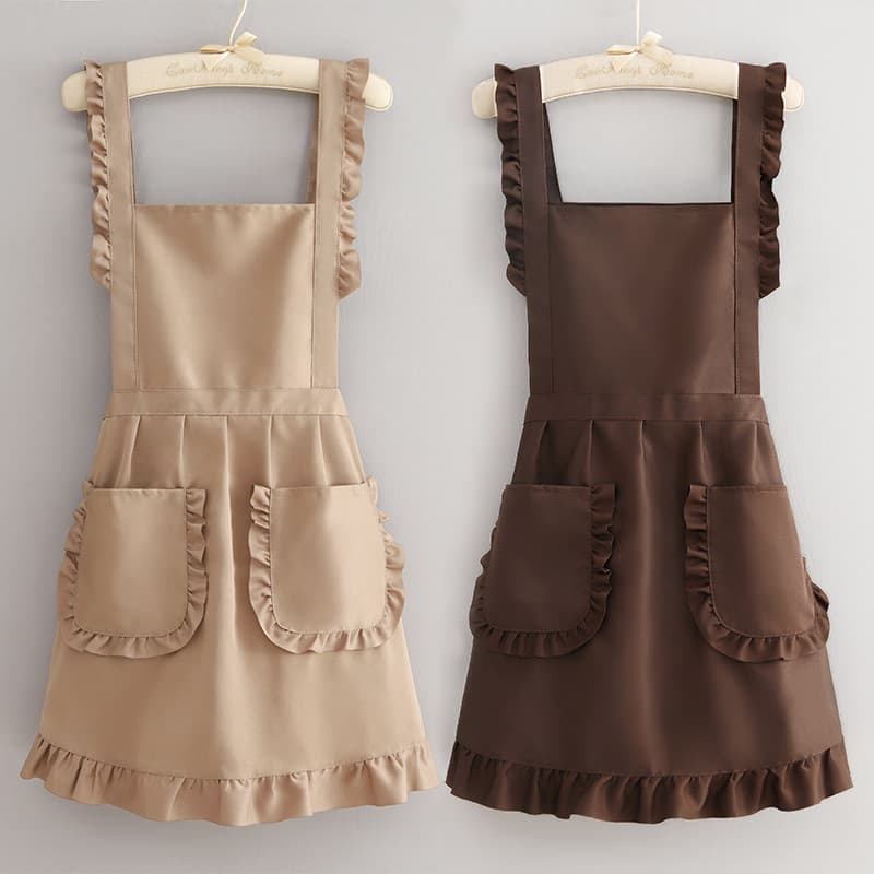 Fashionable Korean-style apron with lace trim, kitchen home use, stain-resistant waist apron with logo print, nail salon workwear for women