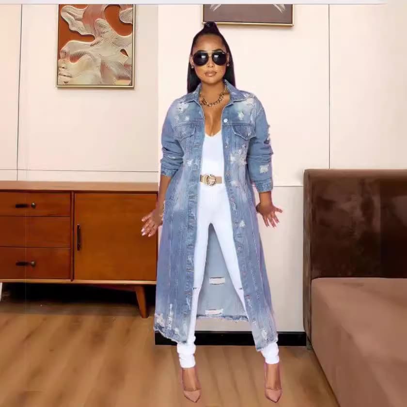 Amazon and Aliexpress Best-Selling European and American Style Loose Ripped Denim Long Coat Cape