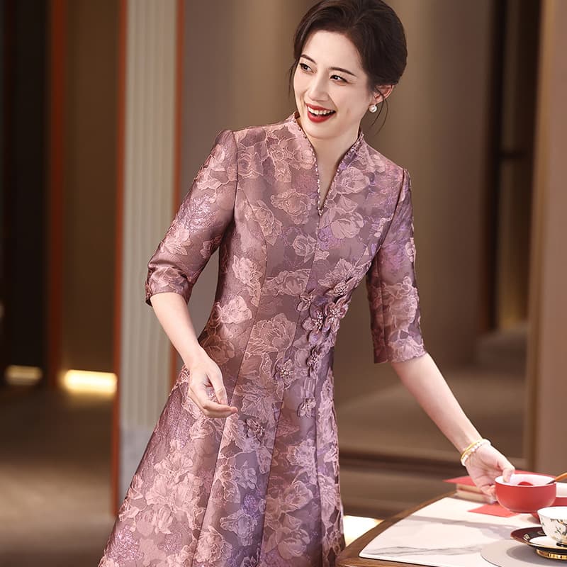 Long Dress Spring Autumn Cheongsam High-End Dress for Women Middle-Aged and Elderly Mother Clothing Plus Size 939#