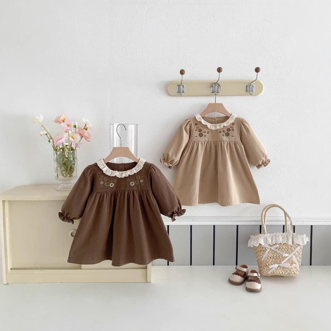 Girls Spring Dress Korean Style Children's Fashionable Spring/Autumn Lace Collar Lapel Little Princess Outing Dress