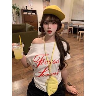 Sweet Cool Trendy Ins Asymmetric Short Sleeve T-Shirt Women's Pure Sexy Design American Hot Girl Letter Print Off-Shoulder Versatile Top