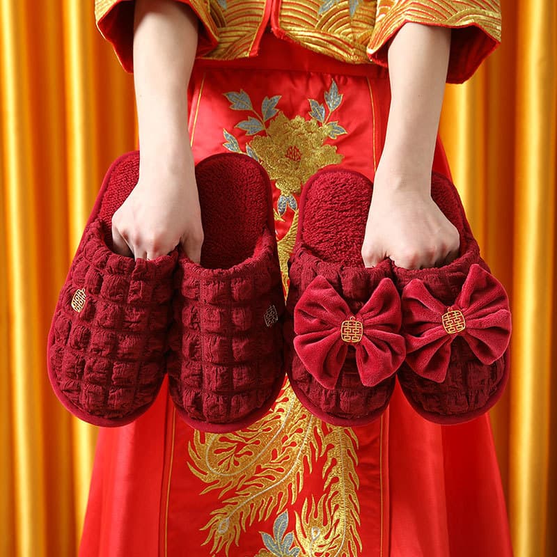 Wedding Slippers Winter Festive Red Pair Couple New Bride Dowry Thick Bottom Indoor Warm Cotton Slippers Women
