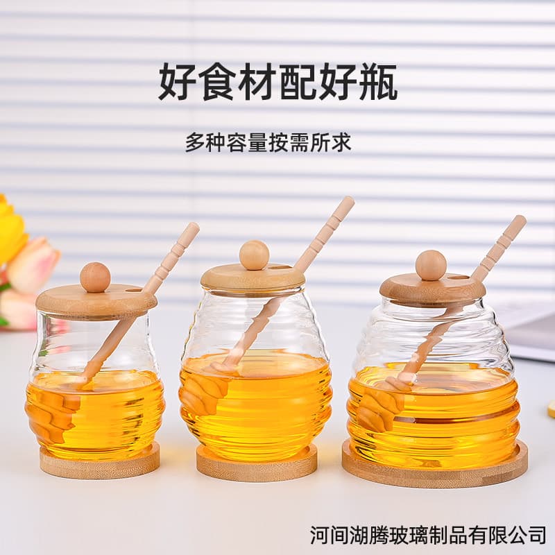 Wooden Honey Pot with Dipper 500ml Borosilicate Honey Storage Jar Round Sealed Container Glass Honey Jar