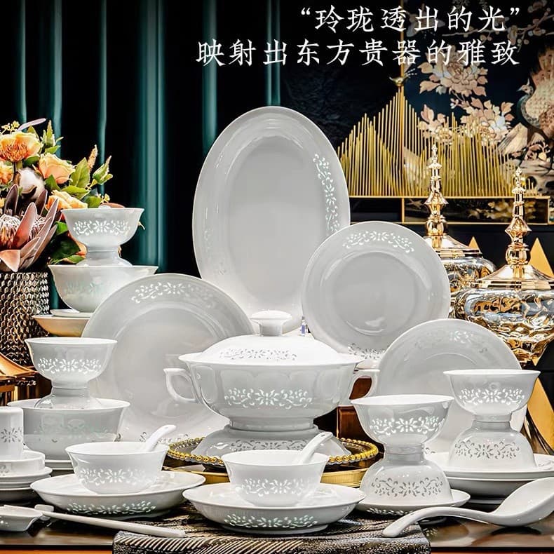 Linglong underglaze color Jingdezhen high temperature white porcelain dish set easy to clean non-stick oil free matching white glaze Linglong