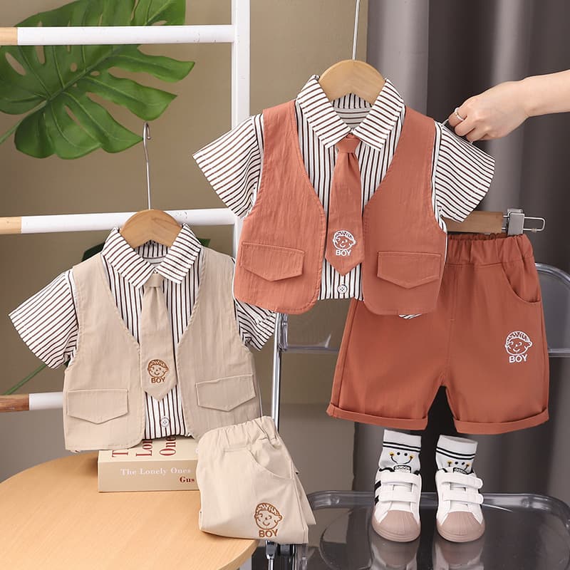Kids Summer New Style Boys Short Sleeve Set Baby Cute Shorts Vest Fake Three-Piece Set Factory Wholesale Dropshipping