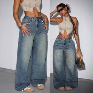 European and American Women's Jeans, Yellow Mud Wash, High-Waist, Slightly Flared, Floor-Length, Vintage Faded, High-Street, Relaxed Jeans