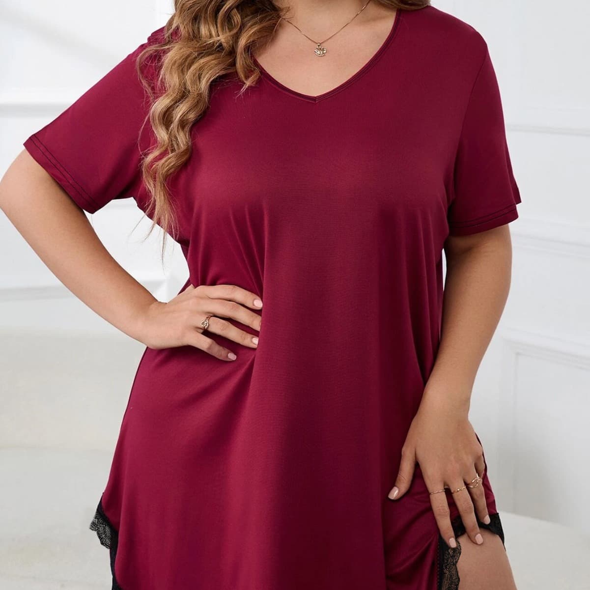 Sexy Lace Trim Loose Short Sleeve Round Neck Sleepwear Plus Size Comfortable Home Clothes Women's Style Breathable Polyester Fiber