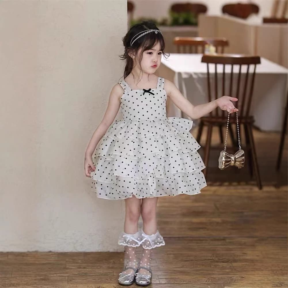 French Girls Dress 2025 Summer New Polka Dot Suspender Cake Dress Baby Girl Mesh Puffy Princess Dress
