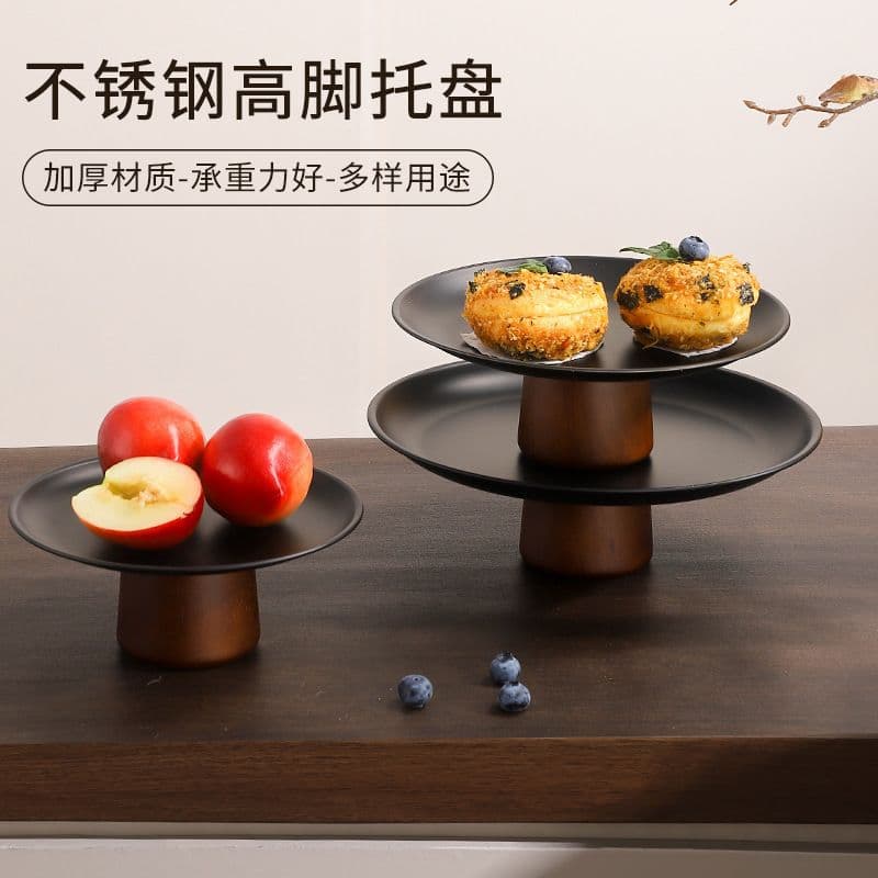 Black High-Leg Tea Snack Tray Coffee Table Snack Rack Display Plate Premium Stainless Steel Fruit Tray Home Fruit Serving Tray