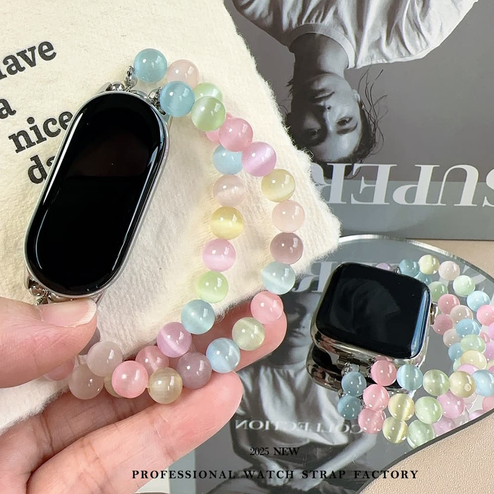 Spot macaron elastic Xiaomi bracelet 10 strap 8/9pro suitable for applewatch strap female cat's eye stone