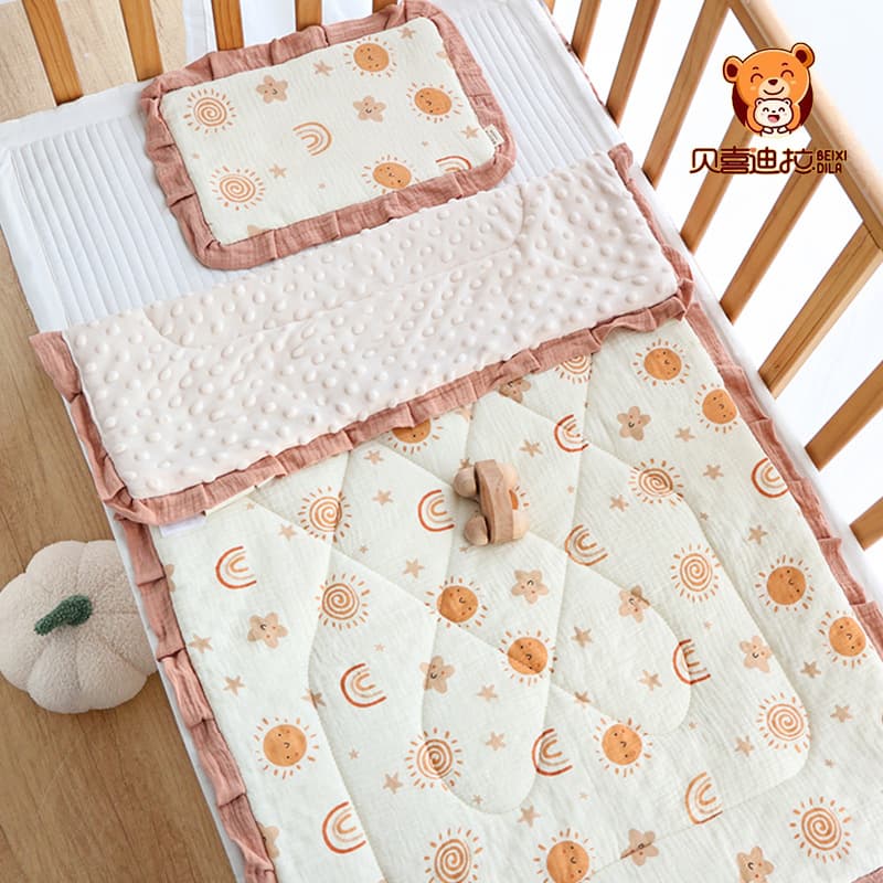 Newborn Bean Fleece Mattress & Cloud Pillow Set, A-Class Crinkle Cotton Gauze Bedding