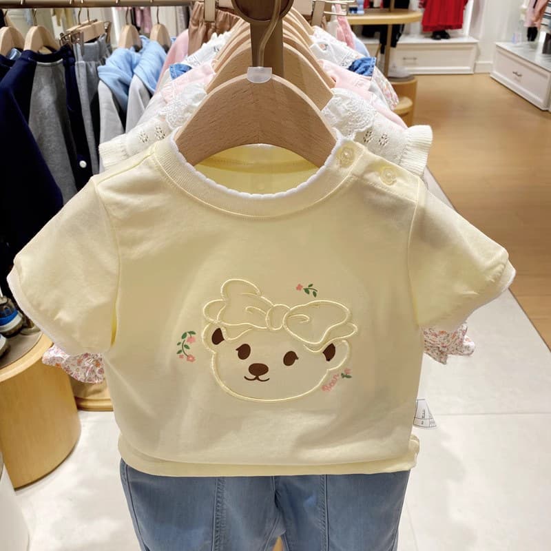 New Summer Girls' Thin T-Shirt Short Sleeve Round Neck Top for Toddlers and Kids Bear Print
