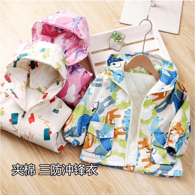 2025 new boys' windbreaker jacket, autumn and winter children's cotton-padded warm hooded cartoon-style coat