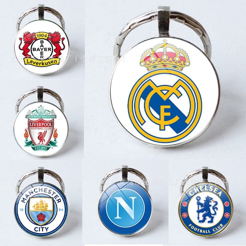Cross-border World Cup Champions League Football Team Badge Keychain Embossed Circle Royal Barcelona Manchester United Time Gem Pendant