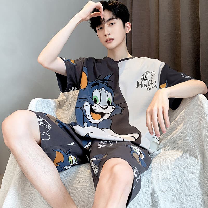 2026 New Tom and Jerry Pajamas Men Summer Short Sleeve Shorts Teen Boys Home Clothes Cartoon Suit