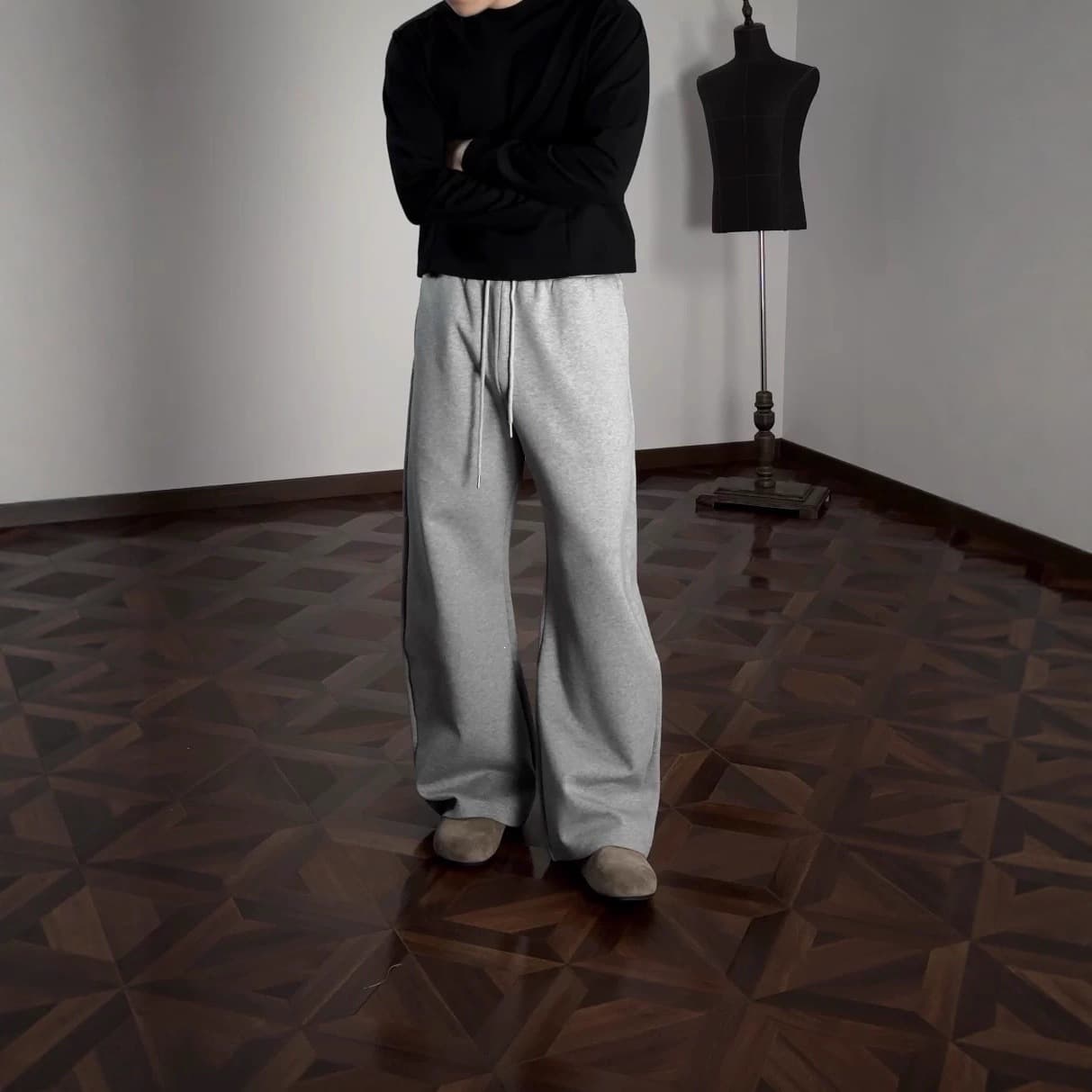Men's Loose Wide-Leg Sweatpants Spring Autumn Winter 2025 New Straight-Leg Dropped-Crotch American Casual Gray Joggers