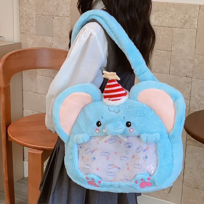 New plush toy bag, Japanese cartoon style, cute elephant and cat design, adorable shoulder bag, fresh and sweet crossbody bag.