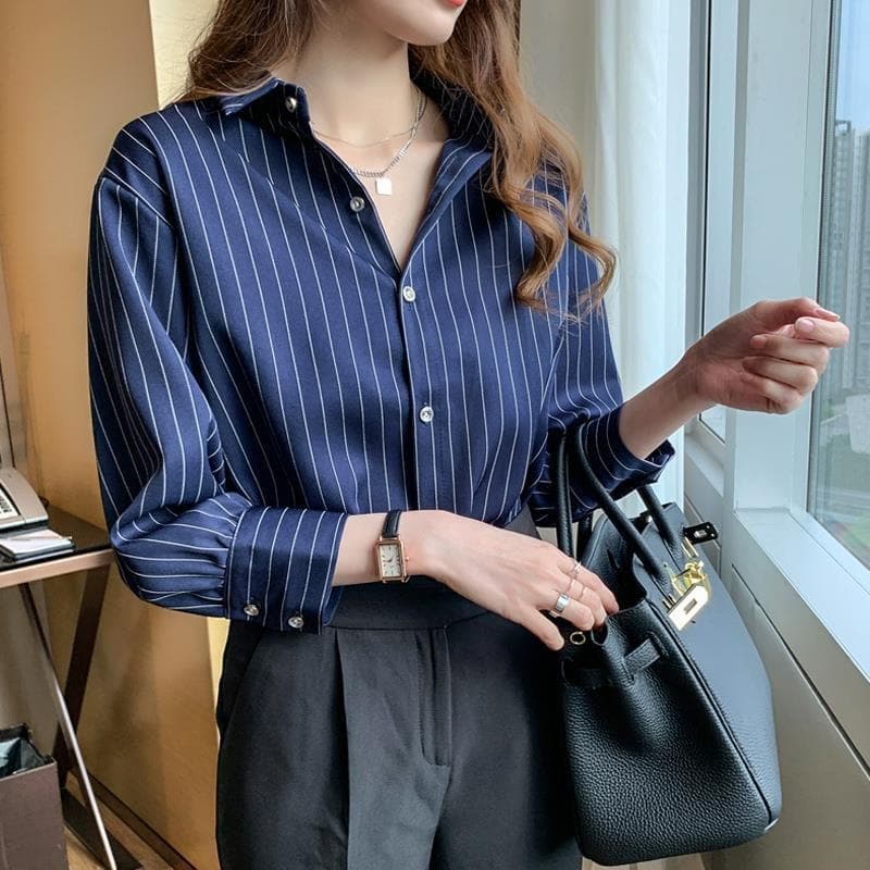2024 Autumn New Striped Blouse for Women, Designer Sense Niche Light Mature Long Sleeve Chiffon Top, Vintage Office Shirt