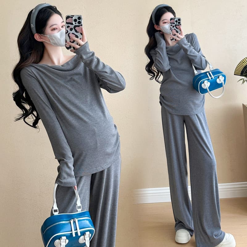 Maternity Outfit Set, Fashionable Spring New Style, Plus-Size Lazy Style Trendy Mom Top + Maternity Pants Two-Piece Set