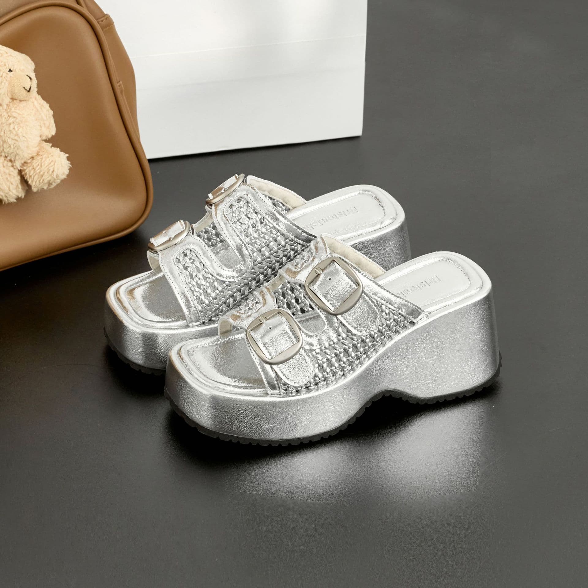 Silver Slippers 8CM Thick Sole Heightening Shoes, Genuine Leather Woven Birkenstock Breathable Slippers, Summer Outdoor Beach Sandals