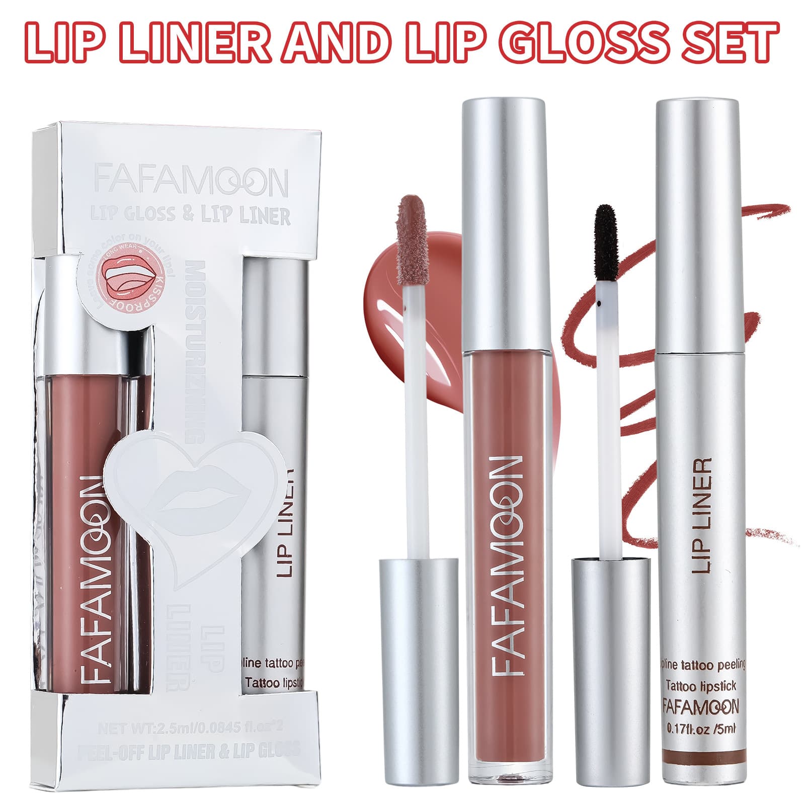 FAFAMOON 2-Piece Lip Gloss Set, Moisturizing, Long-Lasting Color, Smudge-Proof, Peel-Off Lip Tint, Lip Oil, Lip Liner, Plumping