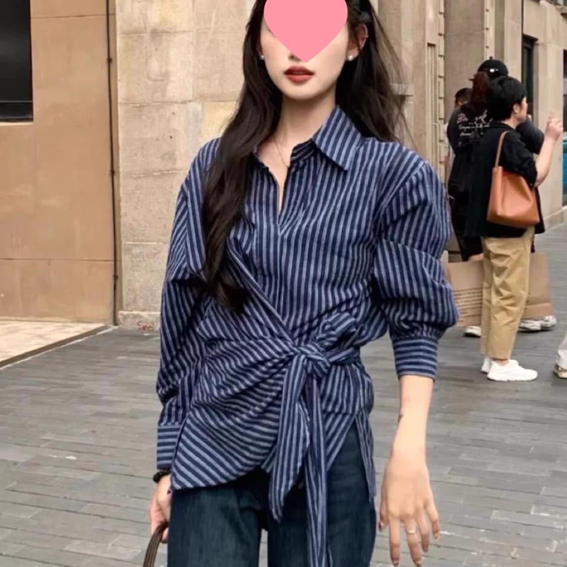 Korean Retro Irregular Waist Tie Stripe Blouse Women Long Sleeve Shirt Fashionable Chic Top
